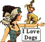 Picture of cartoon sign of woman holding dog with sign saying I Love Dogs.